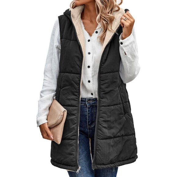 Women Long Puffer Vest: Fall Zip up Reversible Fleece Jacket 2025 Winter Warm Sl - Picture 1 of 7